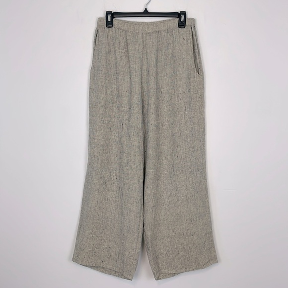 Flax 100% Linen High Rise Wide Leg Elastic Waist Pants.  Taupe. Cropped. Size S - Picture 1 of 9